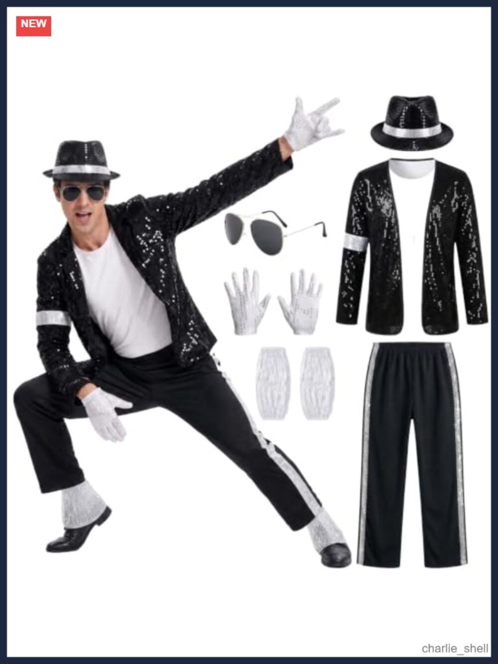 80s 90s Pop Star Costume 7 Piece Sequin Jacket Fedora Unisex Dance Cosplay
